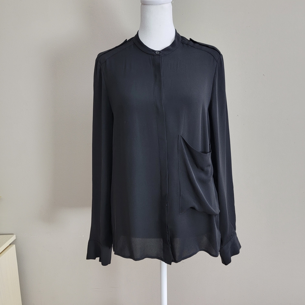 Theory Black Long-Sleeve Button Front Blouse with Draped Pocket Size S 100% Silk